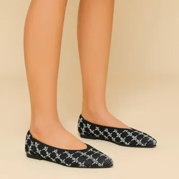 TINGRISE Women's Flats Shoes Pointed Toe Knit Ballet Comfortable Dressy Slip On Flat Stripe Black US7.5