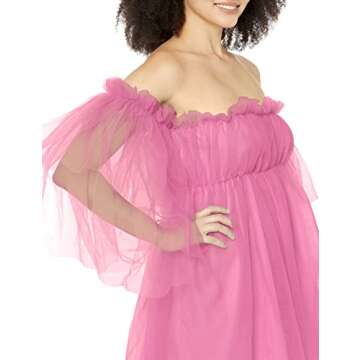 Romwe Women's Romantic Off Shoulder Flounce Long Sleeve Wedding Ruffle Mesh Party Mini Dress Pink Color M