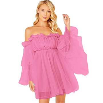 Romwe Women's Romantic Off Shoulder Flounce Long Sleeve Wedding Ruffle Mesh Party Mini Dress Pink Color M