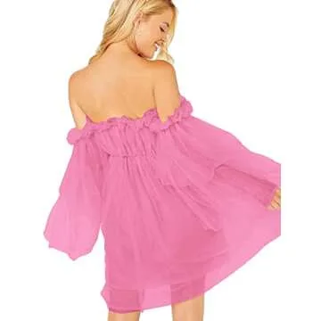 Romwe Women's Off Shoulder Flounce Mini Dress - Pink