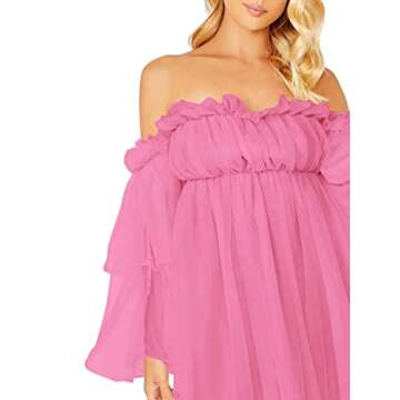 Romwe Women's Romantic Off Shoulder Flounce Long Sleeve Wedding Ruffle Mesh Party Mini Dress Pink Color M