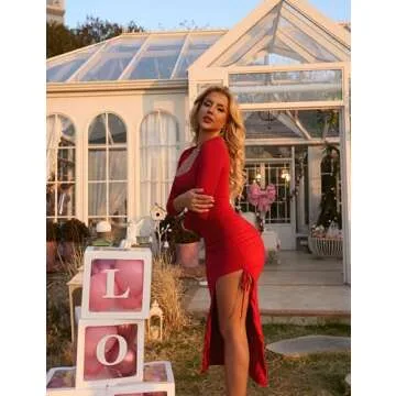 GOKATOSAU Women's Square Neck Long Sleeve Split Drawstring Bodycon Ruched Long Maxi Dress Red