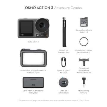 DJI Osmo Action 3 Adventure Combo, Waterproof Action Camera with 4K HDR, 10-Bit Color Depth, HorizonSteady, Cold Resistant & Long-Lasting, Extension Rod, Vlogging Camera for YouTube