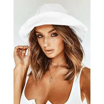 Womens Bucket-Hat Distressed Sun-Protection Washed-Cotton - Summer Wide Brim Beach Cap(7 1/8 Size) (White 01)