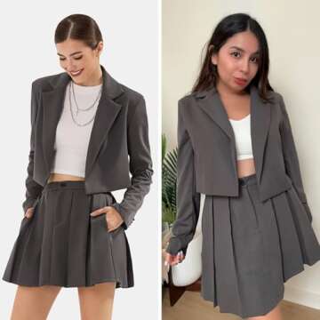 EXLURA Women's Long Sleeve Blazer Suit Sets with Pleated Mini Skirt Fall 2 Piece Outfits Trendy Y2K Fashion Clothes Dark Grey