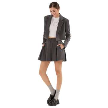 EXLURA Women's Long Sleeve Blazer Suit Sets with Pleated Mini Skirt Fall 2 Piece Outfits Trendy Y2K Fashion Clothes Dark Grey