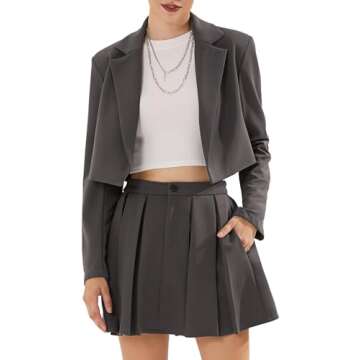 EXLURA Women's Long Sleeve Blazer Suit Sets with Pleated Mini Skirt Fall 2 Piece Outfits Trendy Y2K Fashion Clothes Dark Grey