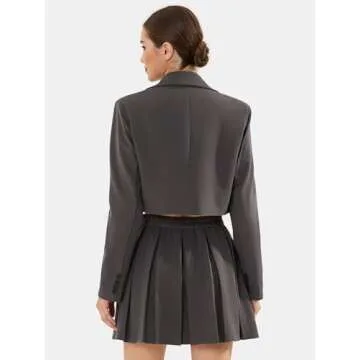 EXLURA Women's Long Sleeve Blazer Suit Sets with Pleated Mini Skirt Fall 2 Piece Outfits Trendy Y2K Fashion Clothes Dark Grey