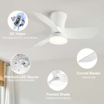 SUNMORY Ceiling Fans with Lights and Remote, 30 inch Low Profile Ceiling Fan with Light, Modern Flush Mount Ceiling Fan for Bedroom/Kitchen/Dining Room/Patio, 6 Wind Speeds, Dimmable, White