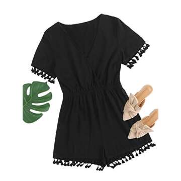 Chic SheIn Women's Summer V Neck Tassel Romper - Black