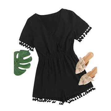 Chic SheIn Women's Summer V Neck Tassel Romper - Black