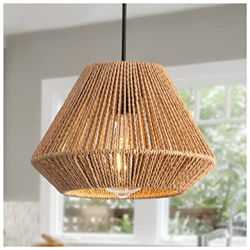 Gudicati Hand Woven Bamboo Pendant Light Vintage Farmhouse 9.64" Rattan Pendant Lighting Fixture Min...