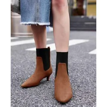 Coutgo Womens Ankle Boots Kitten Heel Pointed Toe Low Slip On Fall Winter Elastic Dress Booties