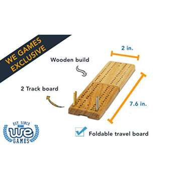 WE Games Wooden Folding Travel Cribbage Board with Metal Pegs, Small Size for Easy Travel
