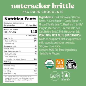 Theo Chocolate Holiday Nutcracker Brittle Organic Dark Chocolate Bar, 55% Cacao, 6 Pack | Vegan, Fair Trade