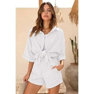 Ekouaer Waffle Knit Lounge Sets for Women Short Sleeve Pajamas Button Down Pjs Oversized Loungewear Shorts Set White