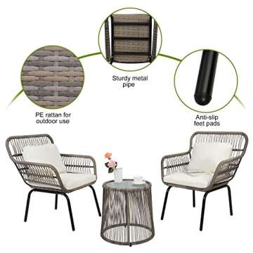VINGLI Boho 3-Piece Patio Furniture Set for Small Spaces