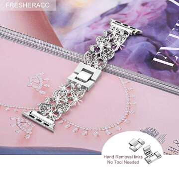 FresherAcc Compatible Apple Watch Band 38mm 40mm 41mm 42mm 44mm 45mm Women, Cuban Chain Rhinestone Replacement Strap Compatible Apple Watch Series 8/7/SE/6/5/4