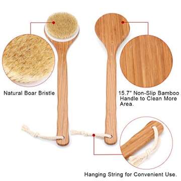 Shower Brush with Natural Bristle - Long Bamboo Handle Bath Body Brush for Wet or Dry Brushing - Imp...