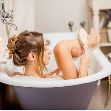 Shower Brush with Natural Bristle - Long Bamboo Handle Bath Body Brush for Wet or Dry Brushing - Improves Blood Circulation, Exfoliating Skin