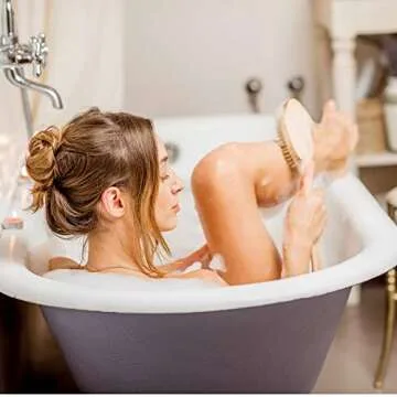 Shower Brush with Natural Bristle - Long Bamboo Handle Bath Body Brush for Wet or Dry Brushing - Improves Blood Circulation, Exfoliating Skin