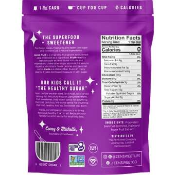 ZenSweet Monk Fruit Sweetener - 1:1 Sugar Substitute - 1lb - Zero Calorie, Zero Glycemic Index - Gluten-Free, Grain-Free, Non-GMO, Vegan, and Keto Sweetener - For Cooking and Baking