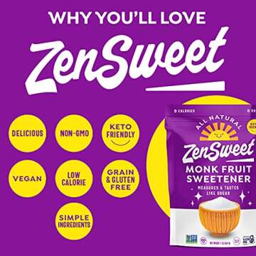 ZenSweet Monk Fruit Sweetener - 1:1 Sugar Substitute - 1lb - Zero Calorie, Zero Glycemic Index - Gluten-Free, Grain-Free, Non-GMO, Vegan, and Keto Sweetener - For Cooking and Baking