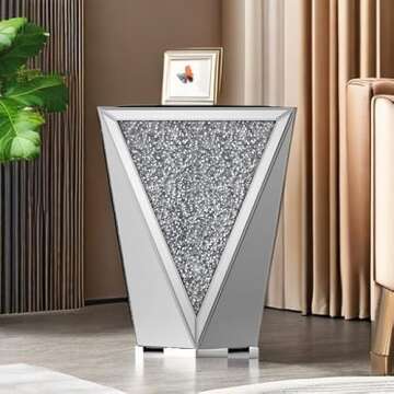 ENENE Mirrored End Table Crystal Diamond Setting Coffee Table Silver Glass Side Table Pedestal Stand for Hallway, Living Room, Corner, Bedroom, Sofa