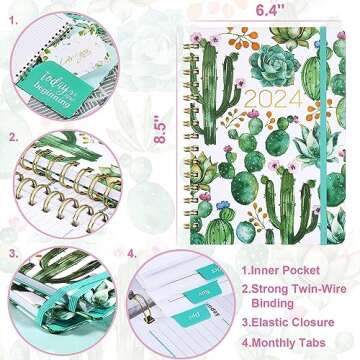 2024 Planner – Planner 2024 from January 2024 to December 2024, 8.5" x 6.4", 2024 Planner Weekly and Monthly with Tabs, Flexible Hardcover, Strong Twin - Wire Binding, Inner Pocket, Elastic Closure