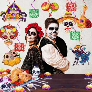 36 Pcs Dia De Los Muertos Decorations banner,NO-DIY Day Of The Dead Decorations Sugar Skull Decorati...