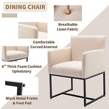 HNY Mid Century Modern Upholstered Dining Chairs with Arms Set of 2, Linen Accent Black Finish Metal Frame, 19'' Wide Arm for Living Room Kitchen Bedroom, Cream, Cream-linen-black Frame