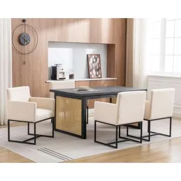 HNY Mid Century Modern Upholstered Dining Chairs with Arms Set of 2, Linen Accent Black Finish Metal Frame, 19'' Wide Arm for Living Room Kitchen Bedroom, Cream, Cream-linen-black Frame