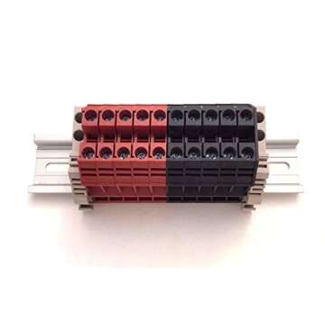 Dinkle Assembly DK6N Red/Black 10 Gang Box Connector DIN Rail Terminal Blocks, 8-20 AWG, 50 Amp, 600 Volt Separate Circuits