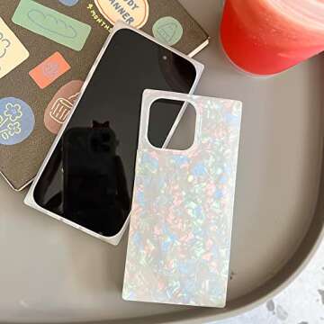 KERZZIL Cute Rectangle Compatible with iPhone 14 Pro Case, Slim Colorful Sparkle Glitter Mother Shell Pearl Pattern Translucent Soft TPU Silicone Protective Bumper Cases Cover(Pearl)
