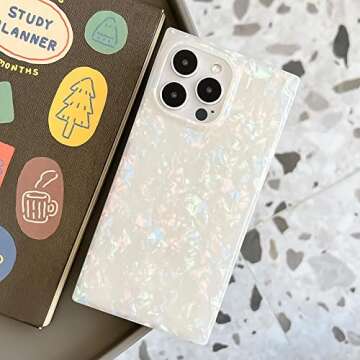 KERZZIL Cute Rectangle Compatible with iPhone 14 Pro Case, Slim Colorful Sparkle Glitter Mother Shell Pearl Pattern Translucent Soft TPU Silicone Protective Bumper Cases Cover(Pearl)