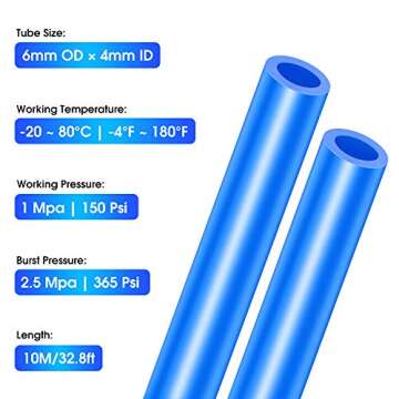 TAILONZ PNEUMATIC Blue 6mm OD 4mm ID Polyurethane PU Air Hose Pipe Tube Kit 10 Meter 32.8ft