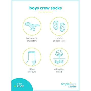 Simple Joys by Carter's Baby 12-Pack Socks, Multicolor/Dinosaur/Stripe, 4-5T