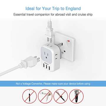 TESSAN US to UK Plug Adapter 3 Pack, Type G Travel Converter with 4 Electrical Outlet 3 USB Charger, Power Adaptor for USA to Ireland Dubai Scotland Hong Kong England British Kenya London Qatar