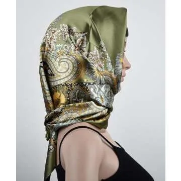 corciova Large Square Satin Silk Like Lightweight Scarf Hair Wrap Women Olive Totem Curly Headband Fashion Bandana Headscarf