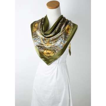 corciova Large Square Satin Silk Like Lightweight Scarf Hair Wrap Women Olive Totem Curly Headband Fashion Bandana Headscarf