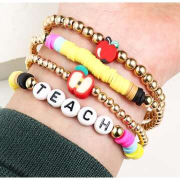 tenghong2021 Acrylic Bead Elastic Rope Beaded Bracelet for Women Handmade Wood Beaded Teacher Apprec...