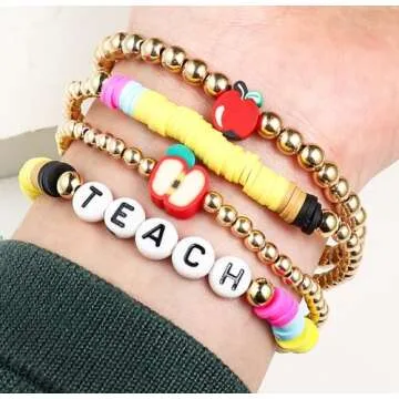 tenghong2021 Acrylic Bead Elastic Rope Beaded Bracelet for Women Handmade Wood Beaded Teacher Apprec...