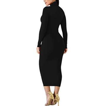 BORIFLORS Women's Sexy Basic Long Sleeve Turtleneck Bodycon Party Long Pencil Dress,X-Large,Black