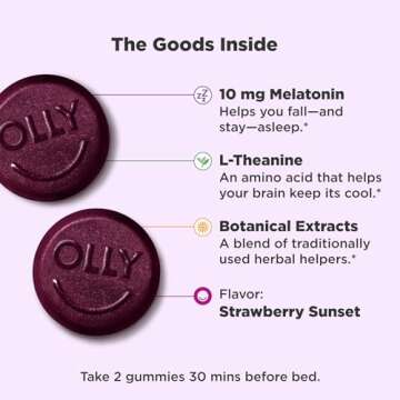 OLLY Max Strength Sleep Gummy, 10mg Melatonin, L-Theanine, Chamomile, Lemon Balm, Sugar Free, Vegeta...