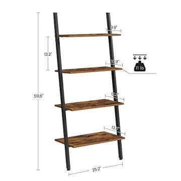 VASAGLE Ladder Shelf, 4-Tier Bookshelf, Storage Rack Shelves, for Living Room, Kitchen, Office, Steel, Stable, Sloping, Leaning Against The Wall, Industrial, Rustic Brown and Black