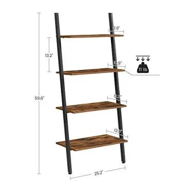 VASAGLE Ladder Shelf, 4-Tier Bookshelf, Storage Rack Shelves, for Living Room, Kitchen, Office, Steel, Stable, Sloping, Leaning Against The Wall, Industrial, Rustic Brown and Black