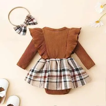 Toddler Baby Girl Fall Winter Outfit Set Plaid Romper Dress Ruffles Long Sleeve Clothes Jumpsuit with Bow Headband (Brown, 12-18 Months)
