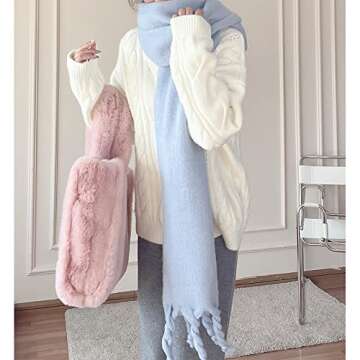 OUNIYA Big Chunky Plaid Scarf Colorful Checked Oversized Thick Scarves Soft Large Cashmere Wool Shawl Winter Warm Blanket Women (solid baby blue)