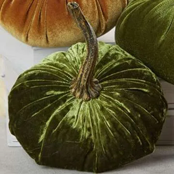 Set of 4 Small Velvet Pumpkins, Thanksgiving tablescape, green pumpkins, gold accent, cozy autumn vi...