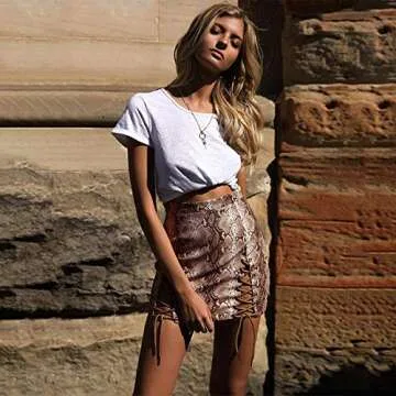 Meyeeka Women's Lace Up High Waist Bodycon Criss Cross Mini Skirts Snakeskin Khaki S